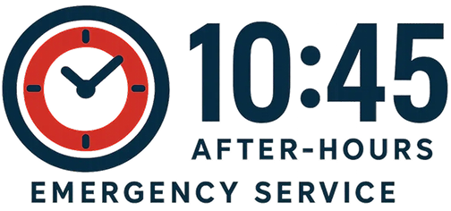 Clock showing 10:45, after-hours emergency service.