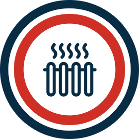Radiator icon with steam and circular border.