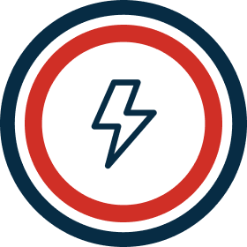 Lightning bolt inside red and blue circle.