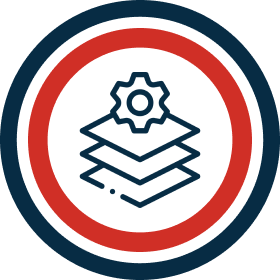 Gear and layers icon within circular border.