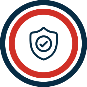 Shield with checkmark inside red and blue circle.