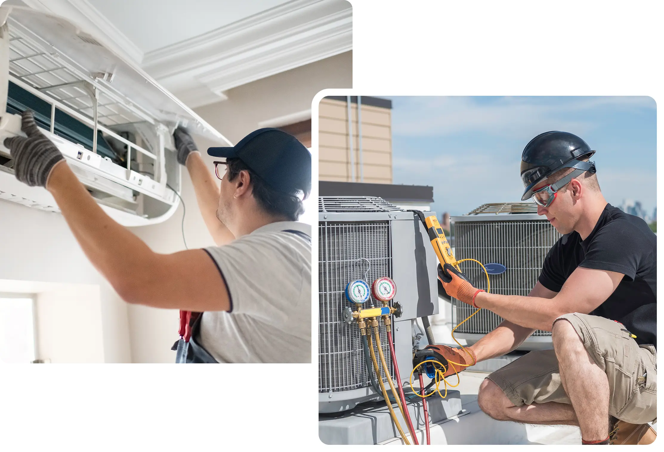 Technicians servicing indoor and outdoor air conditioners.
