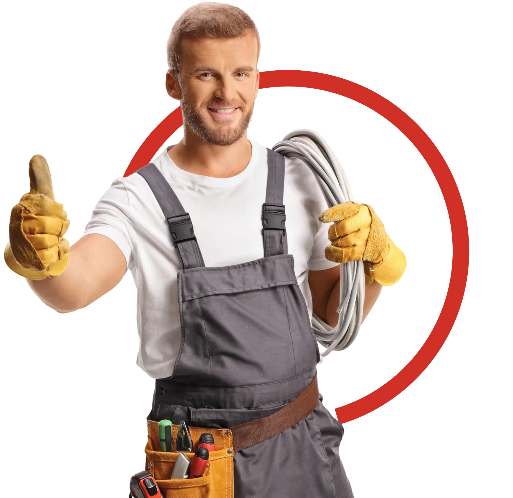 Electrician giving thumbs up with tools.